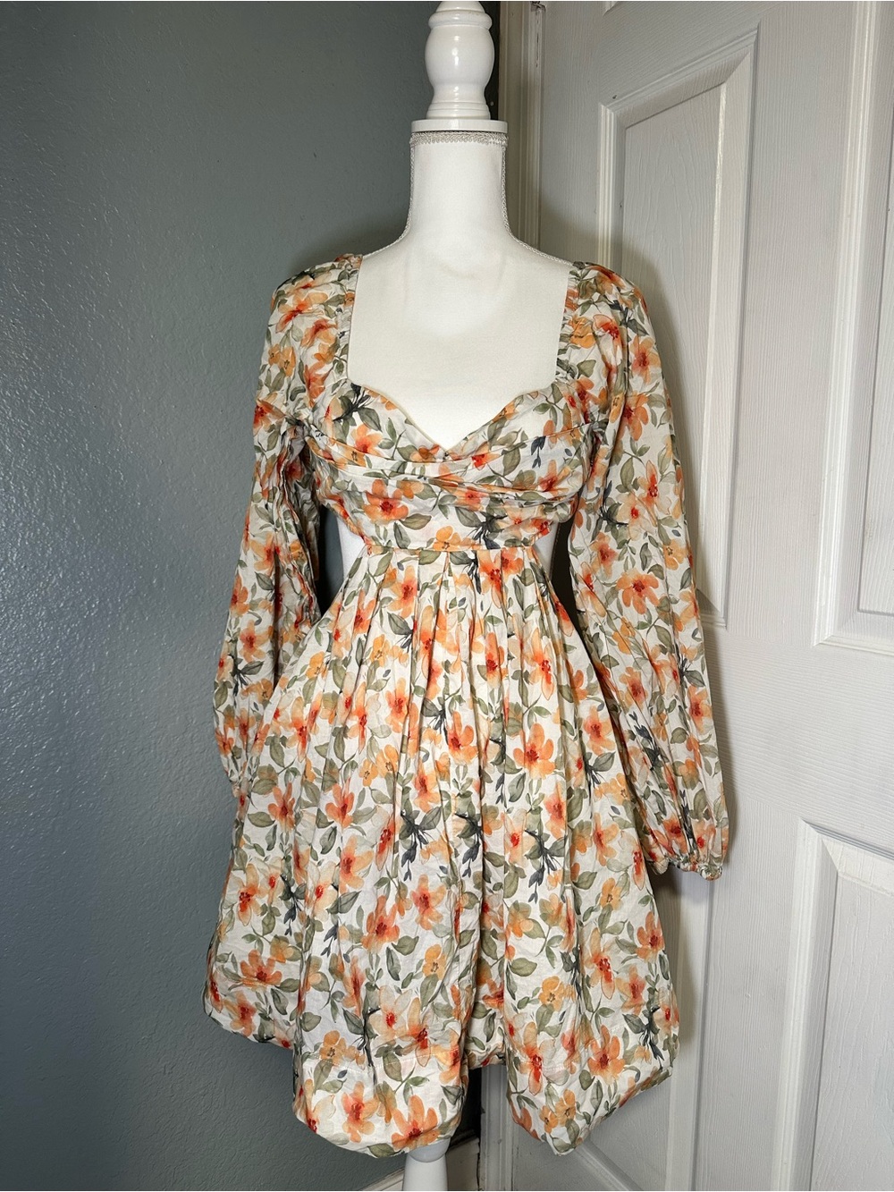 Vici Cream Floral Long-Sleeve Mini Dress with Orange Blossoms